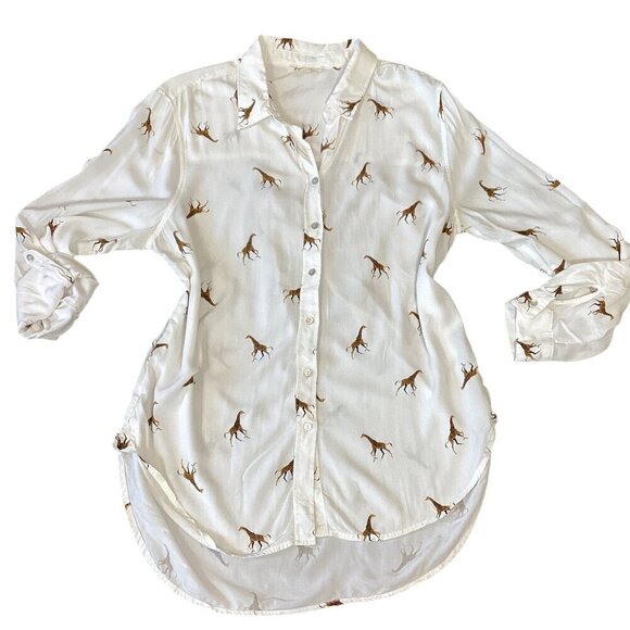 Jane and Delancey White Novelty Giraffe Print Button Down Tunic Top L #304D - Picture 2 of 10
